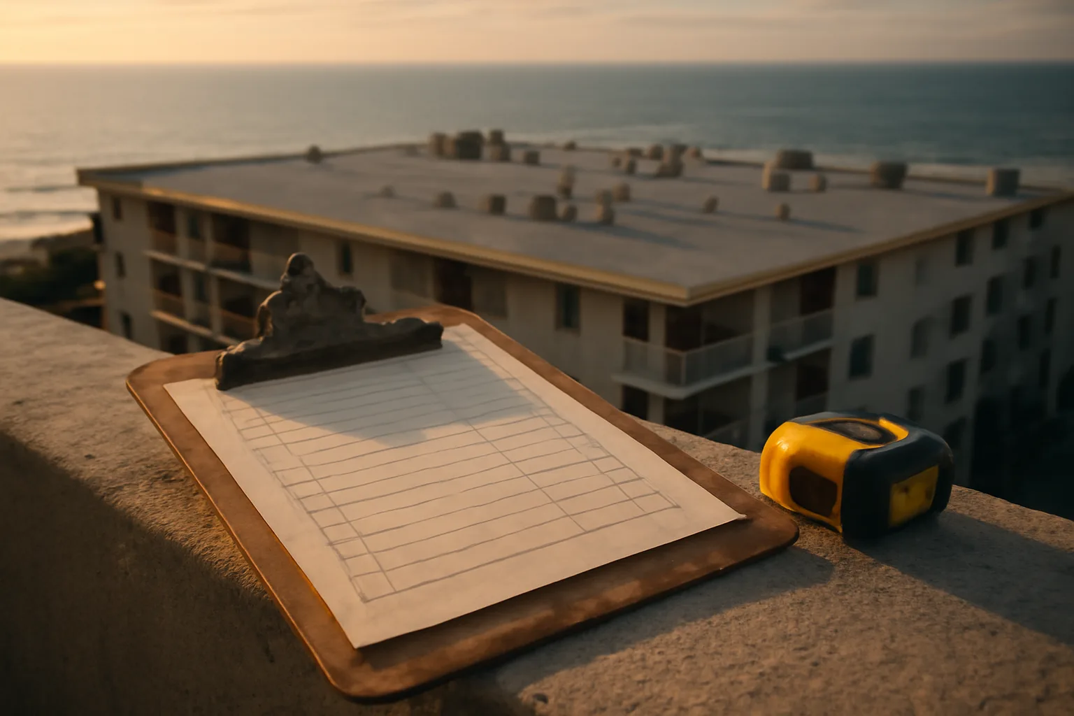Clipboard and measuring tape on a condo rooftop during a reserve study inspection