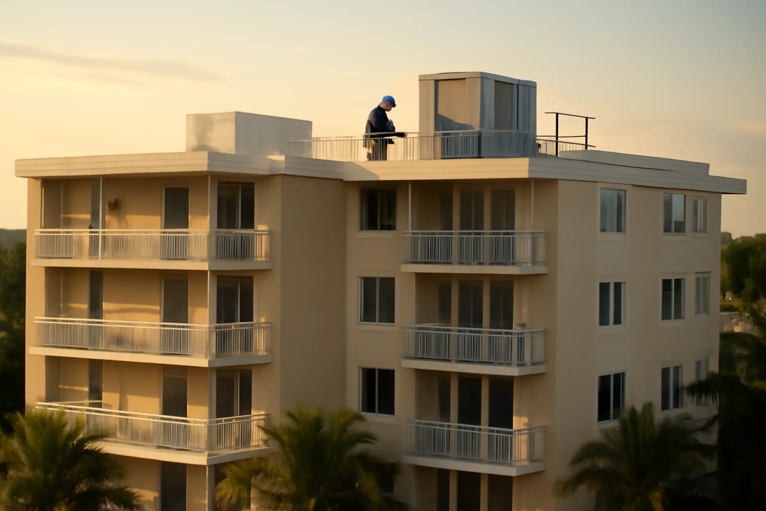 Maintenance worker inspecting rooftop equipment on a Florida condo building at sunset