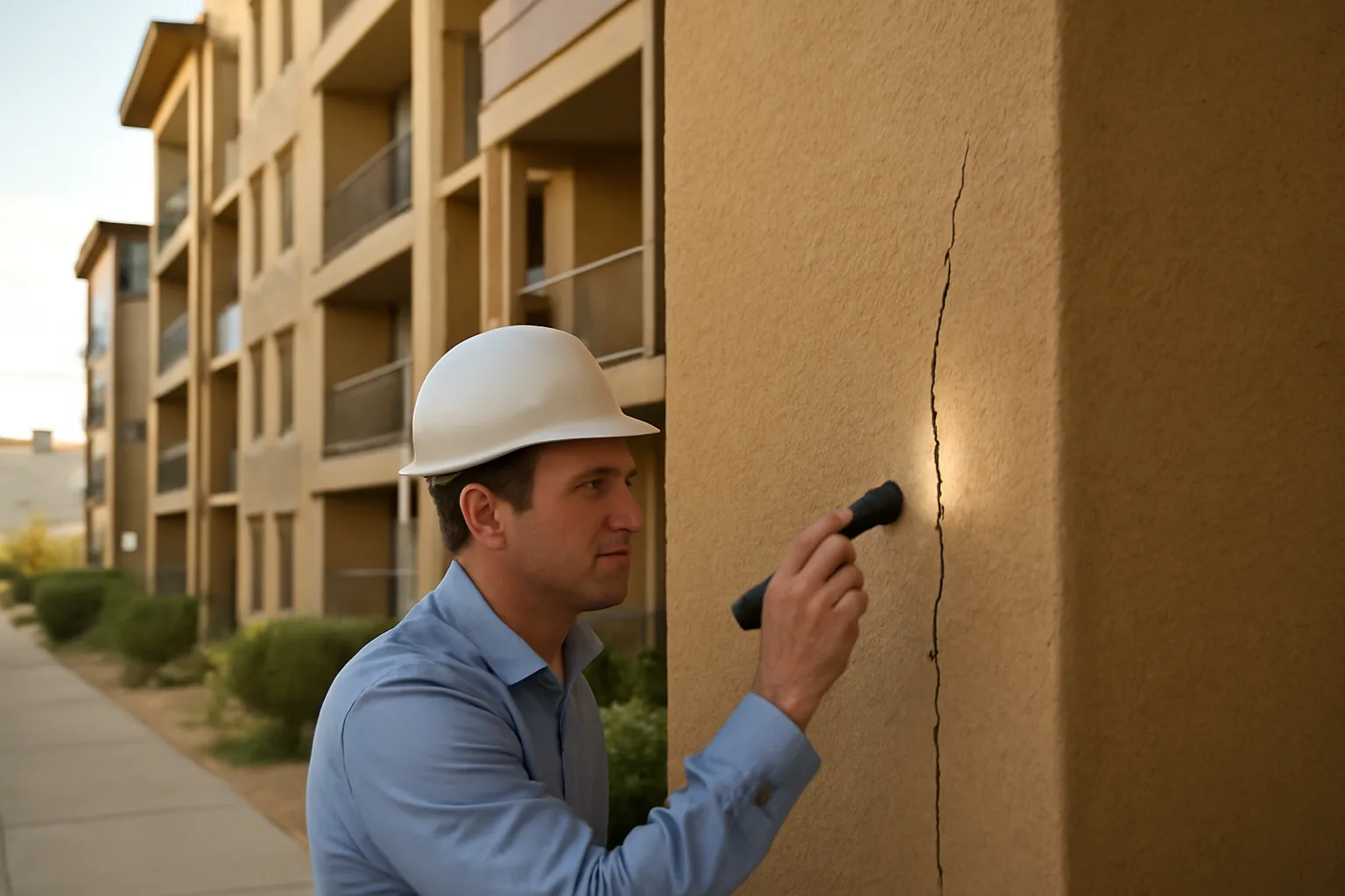Inspector examining condo building exterior wall during a Nevada reserve study assessment