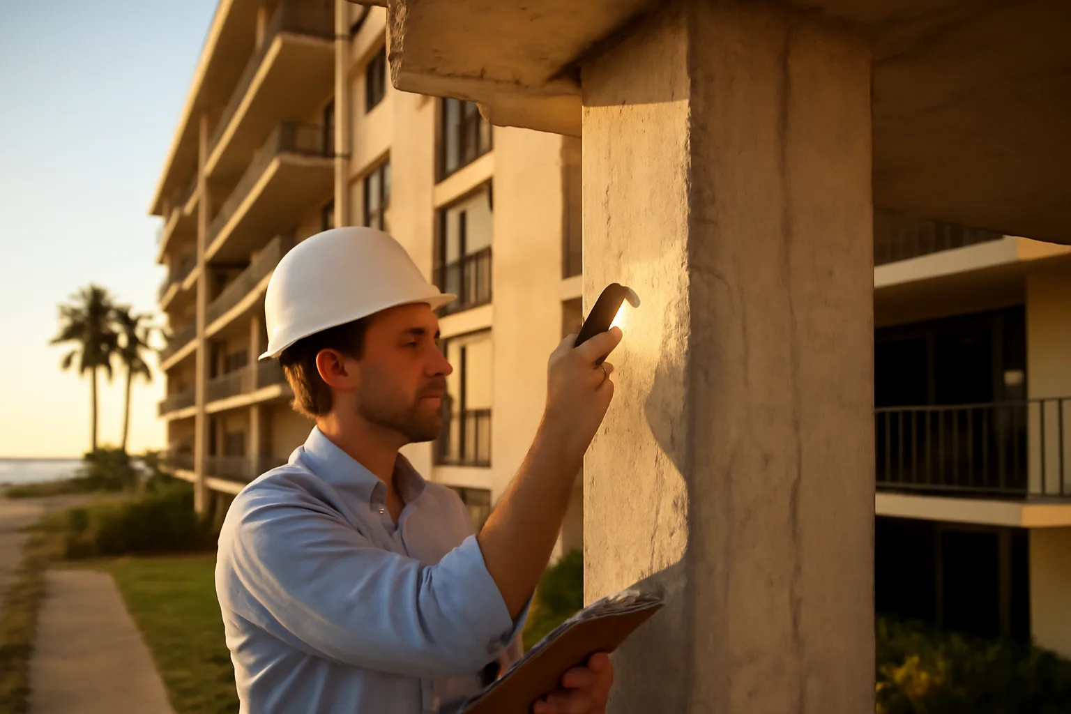 engineer inspecting a concrete support column during a condo reserve study site visit