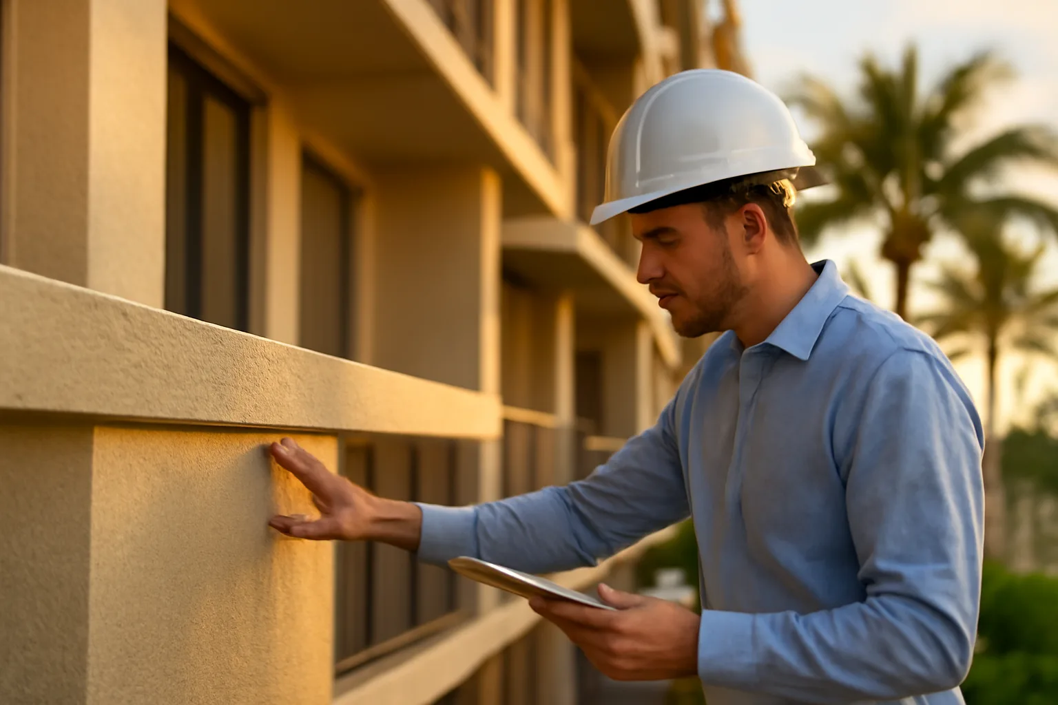 Engineer inspecting a Florida condo balcony structure during a reserve study site visit