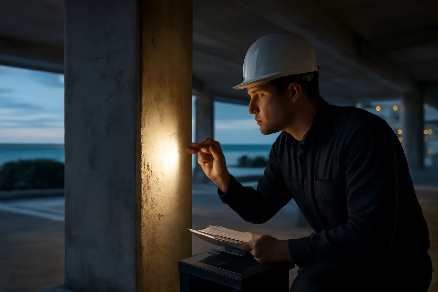 Engineer inspecting a concrete column during a building condition assessment at a condo