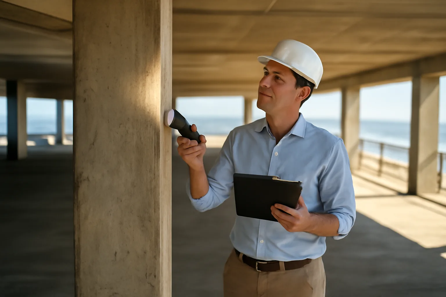 Engineer inspecting concrete columns during a Florida condo reserve study site visit