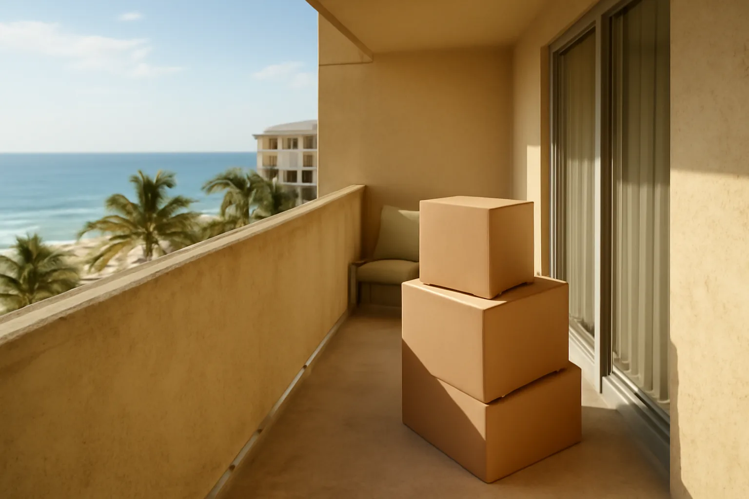 Condo balcony with moving boxes overlooking Florida coastline during a sale