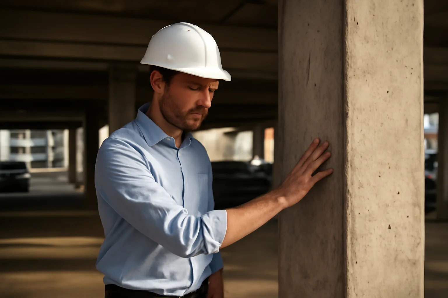 Engineer inspecting a concrete column under an Orlando condo building for a SIRS study
