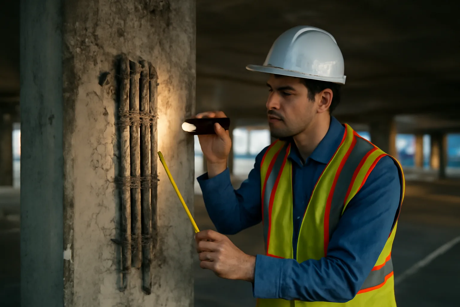 Engineer inspecting concrete structural columns in a Florida condo parking garage
