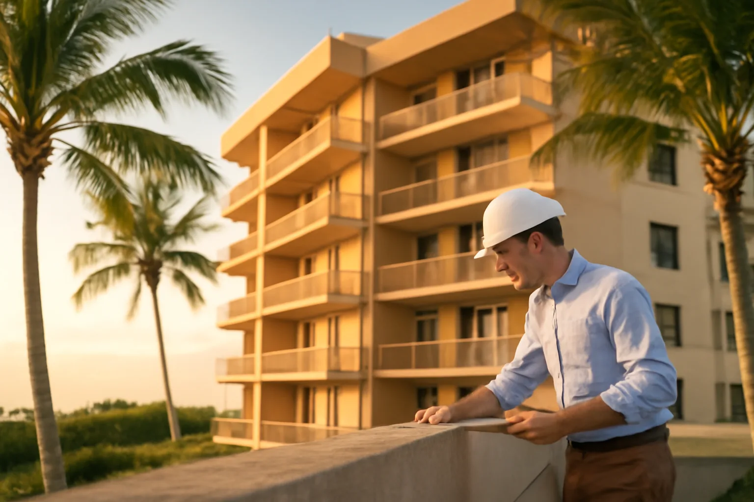 Engineer inspecting concrete balcony structure on a Florida coastal condominium building for SIRS compliance