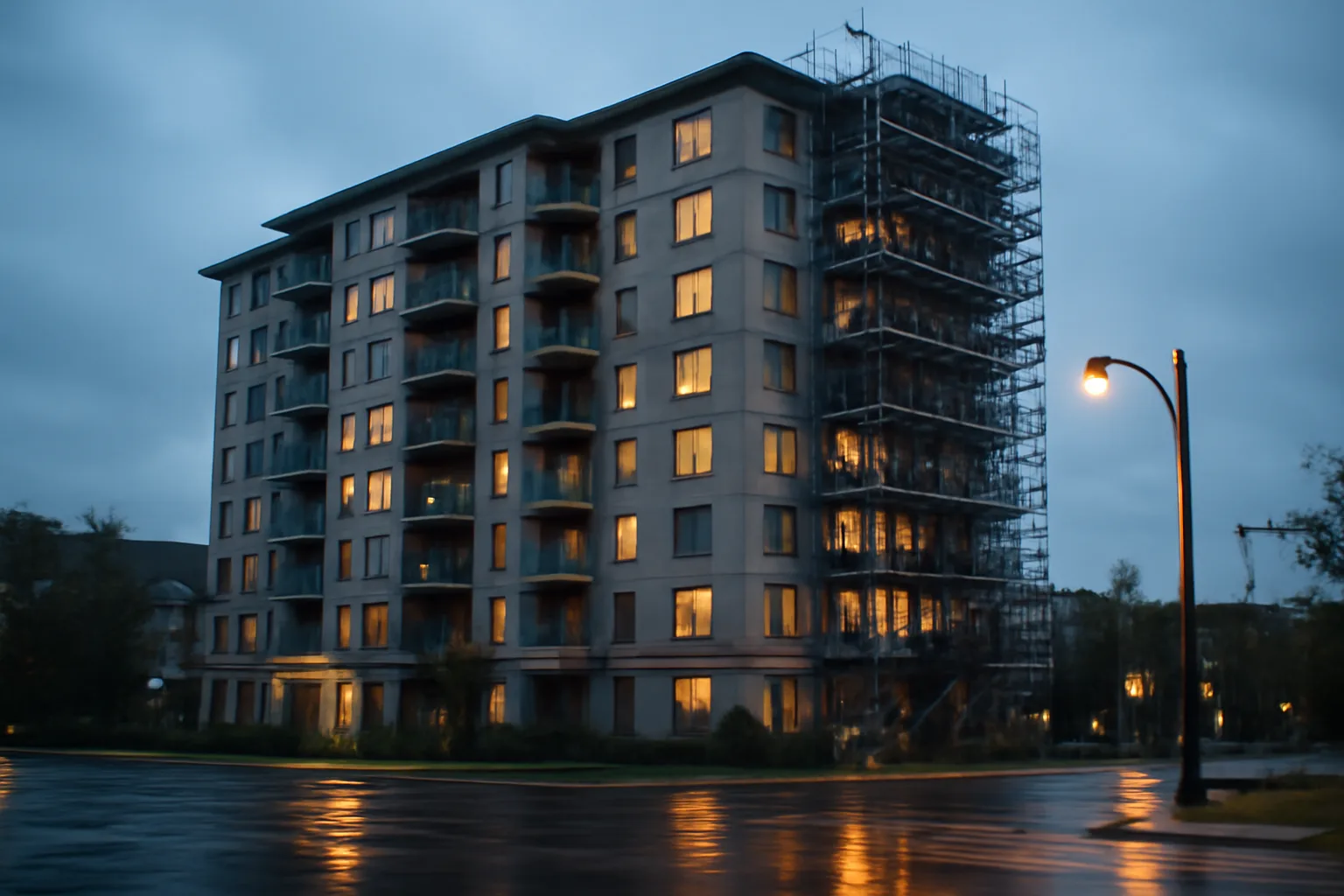 Mid-rise condo building with roof repair scaffolding, illustrating a special assessment project