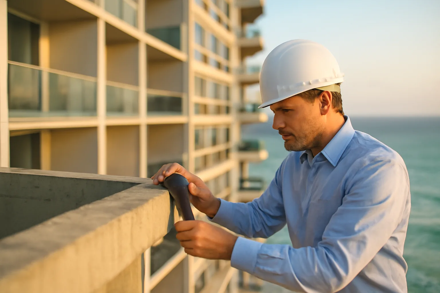 Engineer inspecting concrete balcony on a Miami coastal condo tower during a structural integrity reserve study