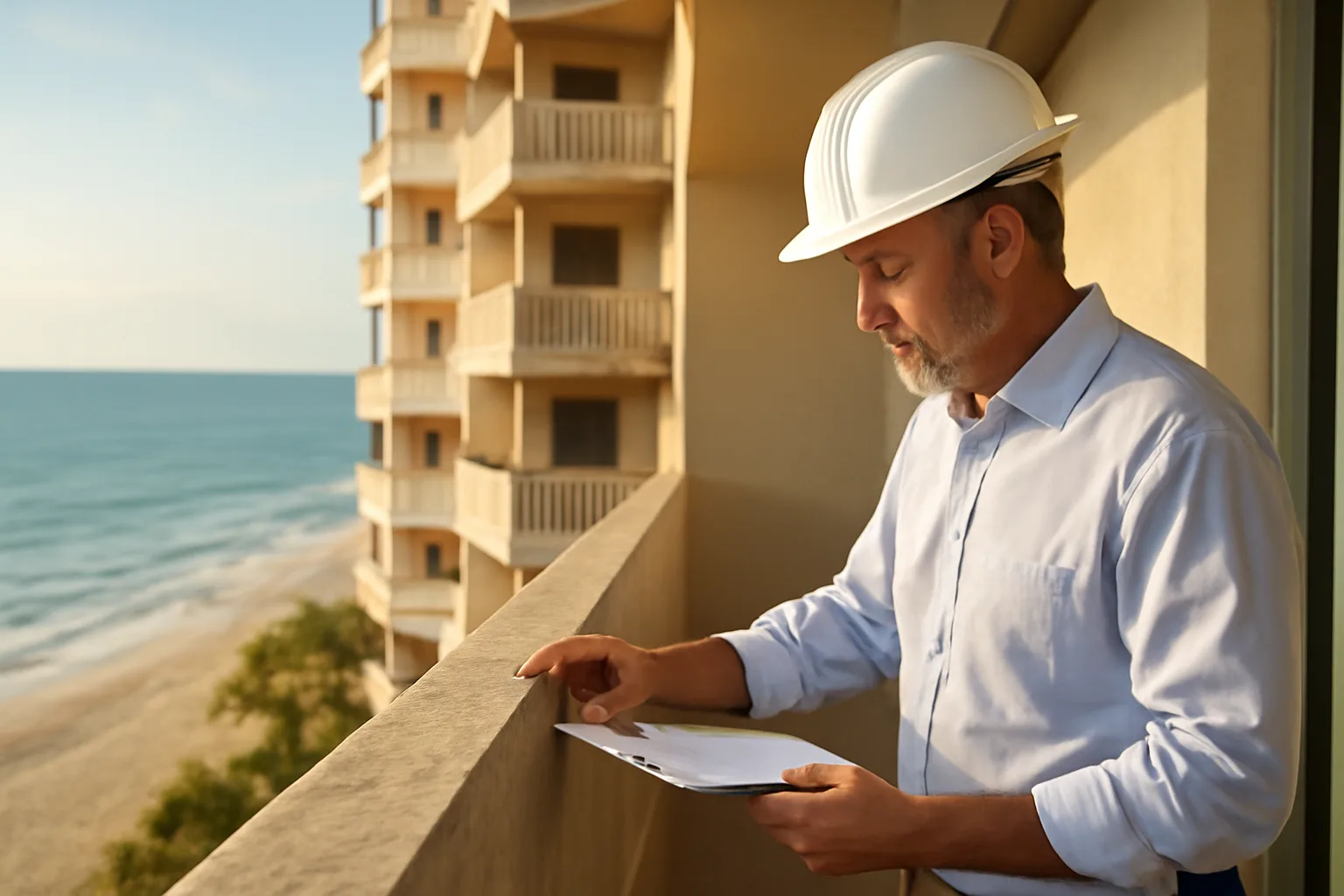 Engineer inspecting balcony structure at a Naples Florida beachfront condo building