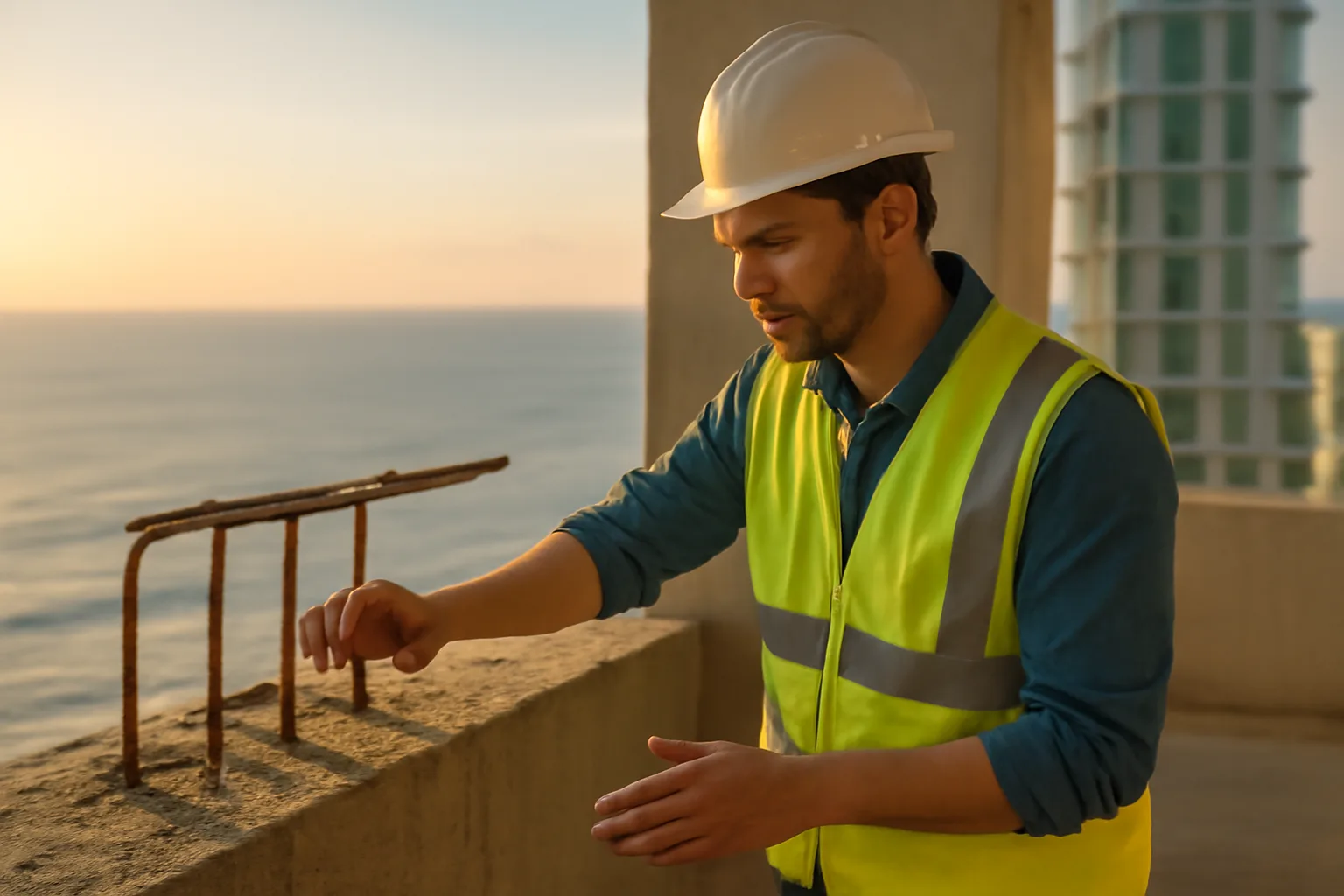 Engineer inspecting concrete structure on a coastal Florida condo balcony during a reserve study