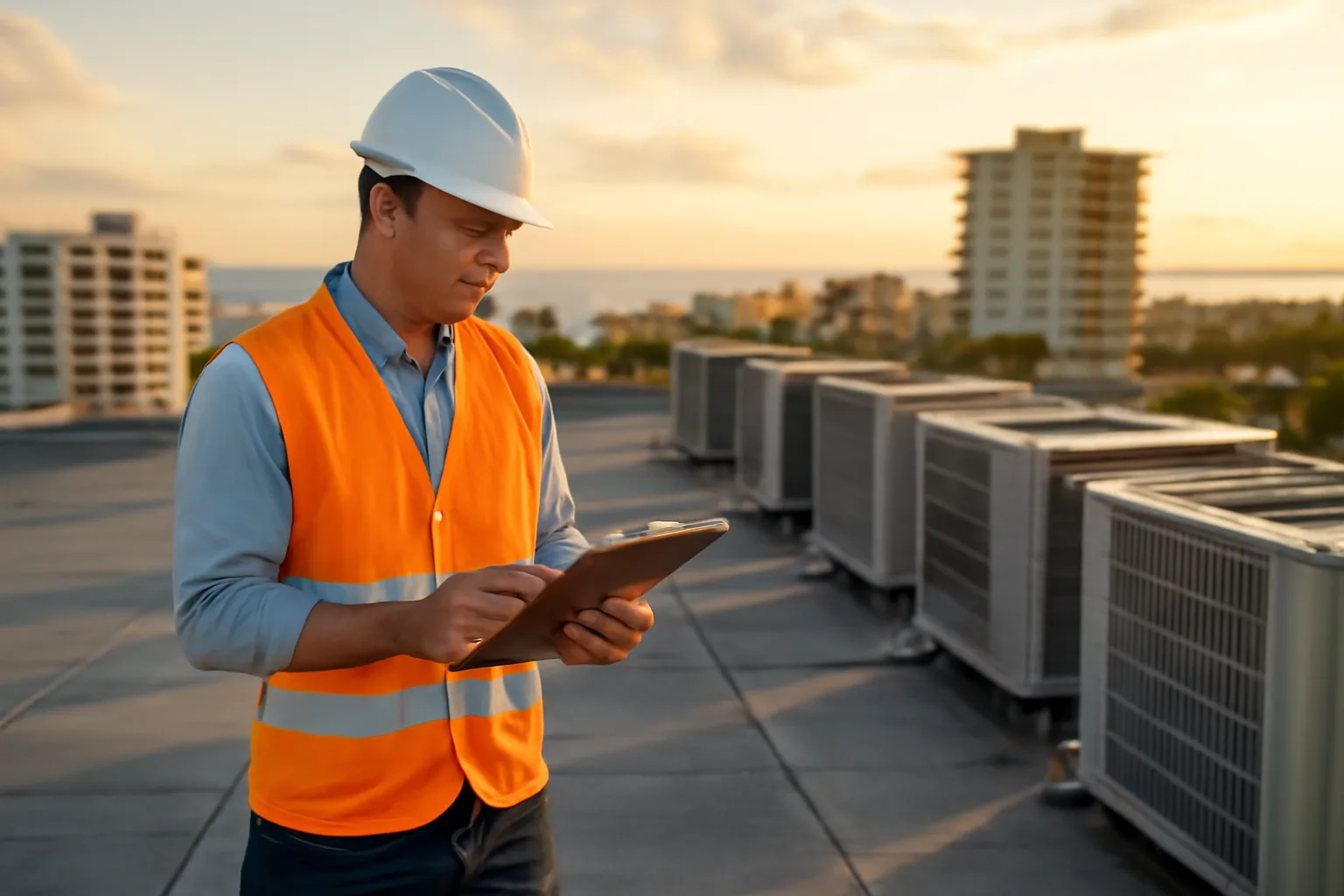 Engineer inspecting a Florida condo rooftop during a reserve study assessment at sunset