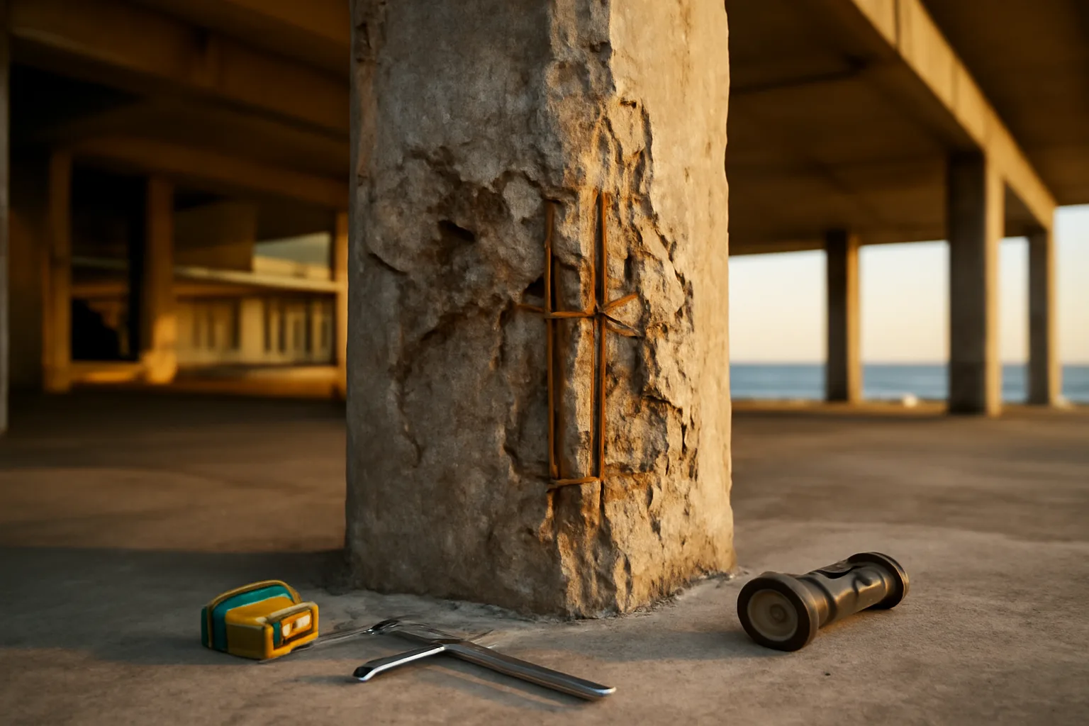 Engineer inspecting deteriorated concrete column under a Florida condo building