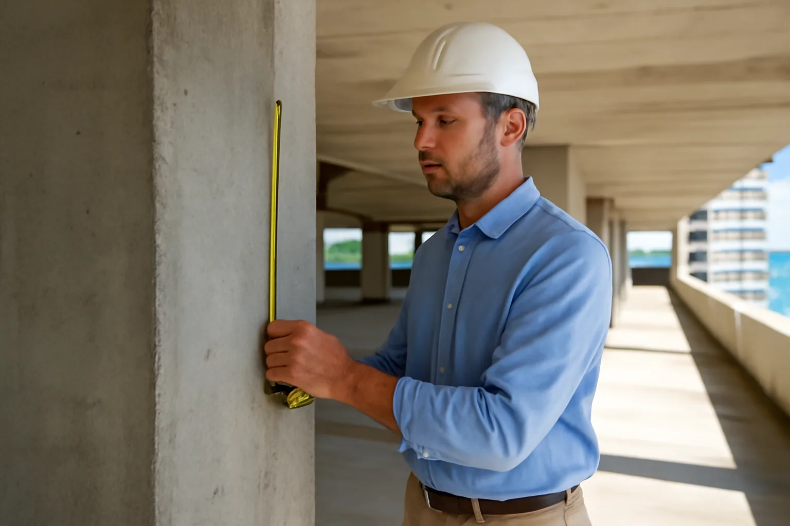 Engineer inspecting a concrete support column for a condo reserve study assessment
