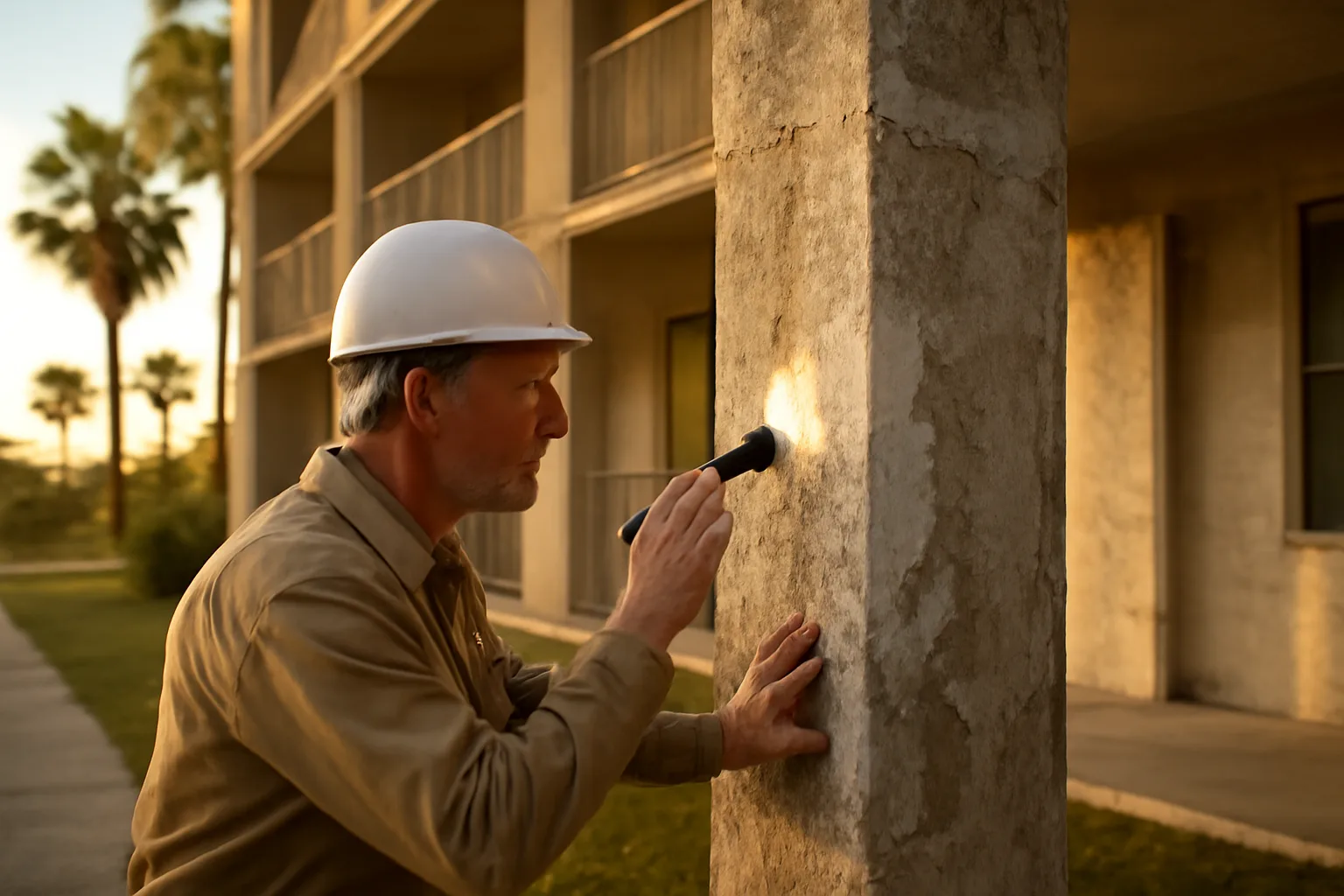 engineer inspecting a Florida condo building's structural column at sunset