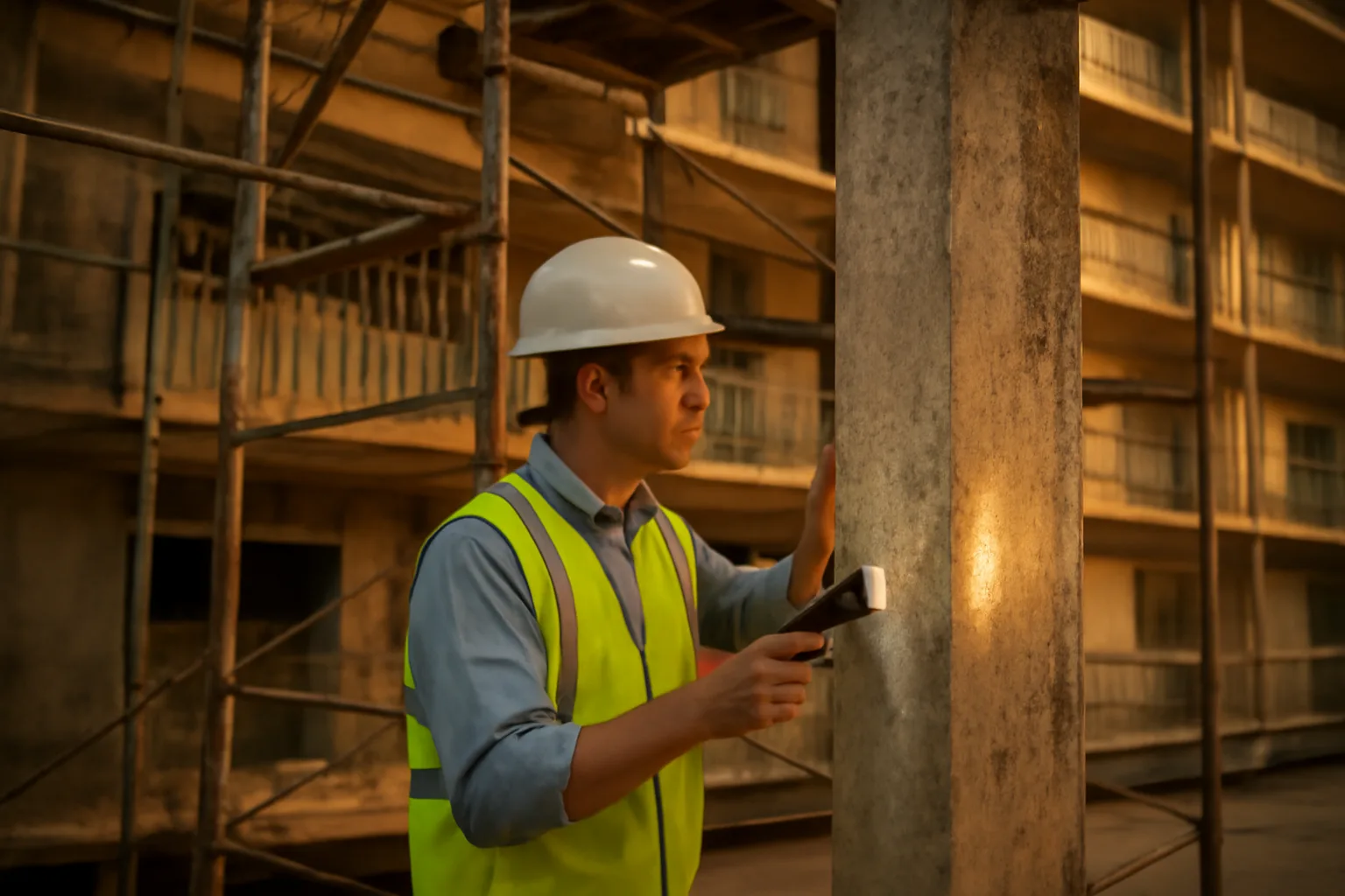 Engineer inspecting a concrete support column on a coastal Florida condo building