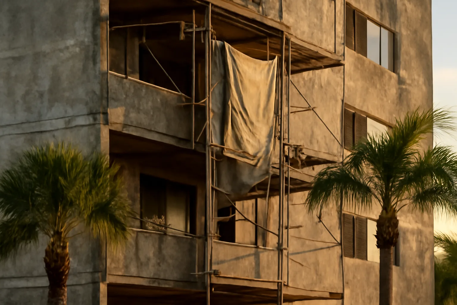 Coastal Florida condo building with scaffolding illustrating repairs behind an HOA special assessment