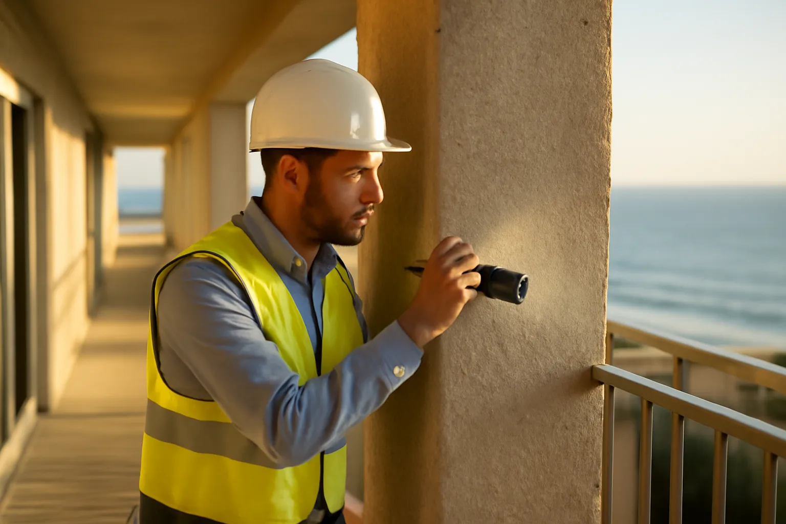 Engineer inspecting concrete support column on a coastal condo balcony walkway