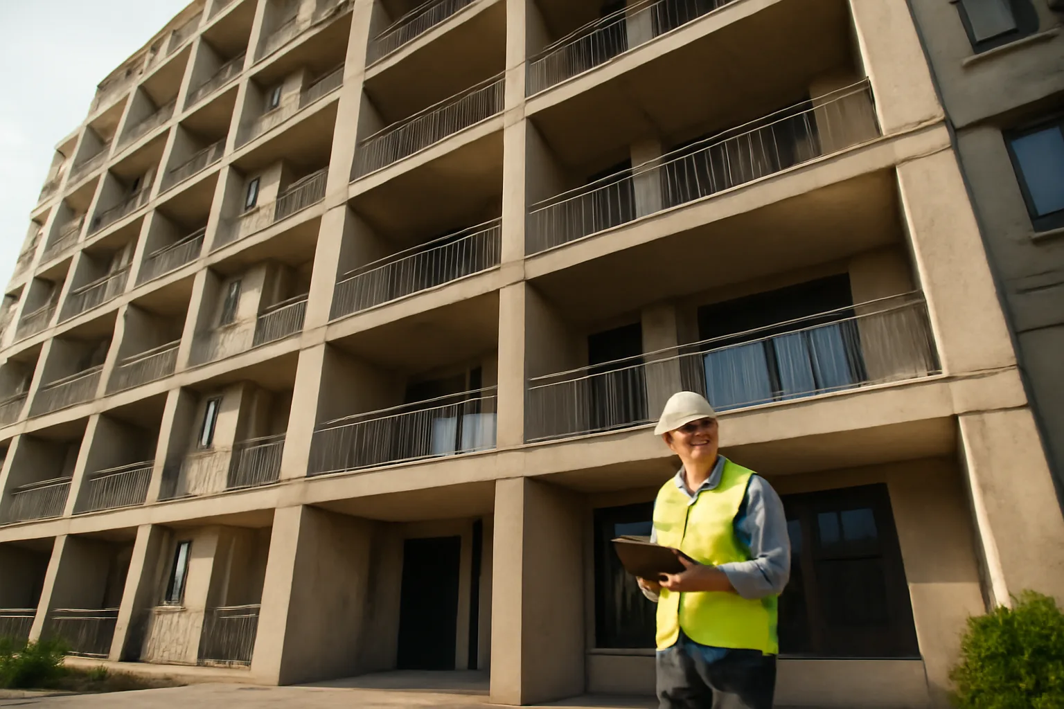 Engineer inspecting multi-story Florida condo building exterior for milestone structural assessment