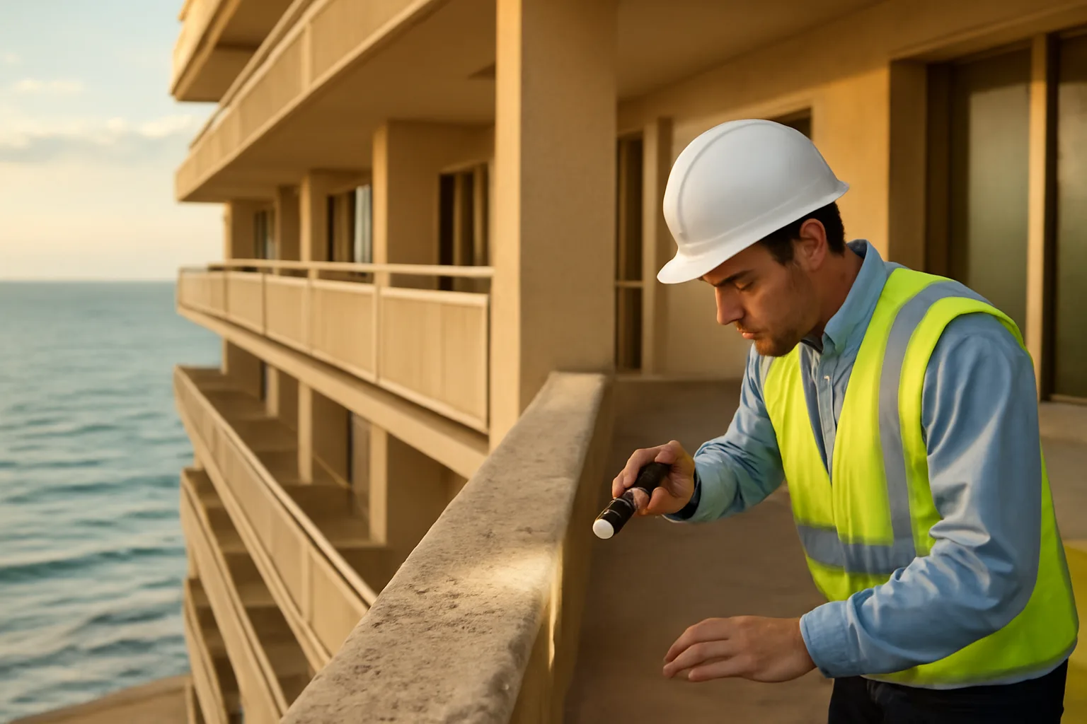 Engineer inspecting a concrete balcony during a Florida condo building inspection