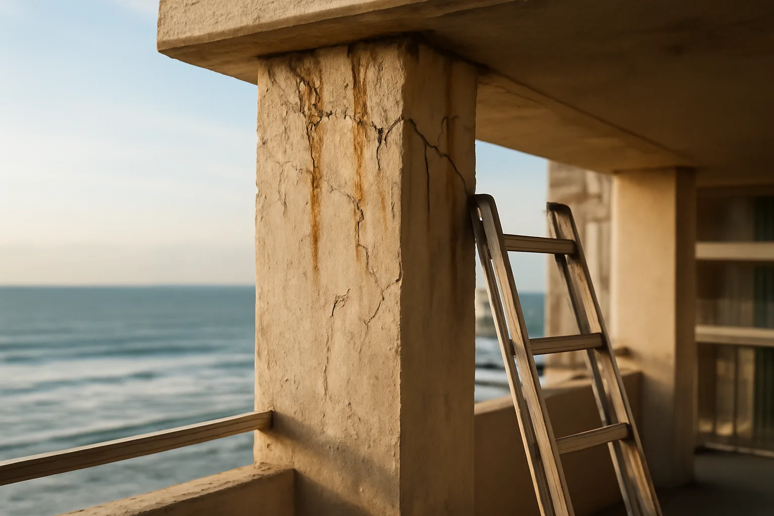 Engineer's ladder beside a cracked concrete column during a condo milestone inspection