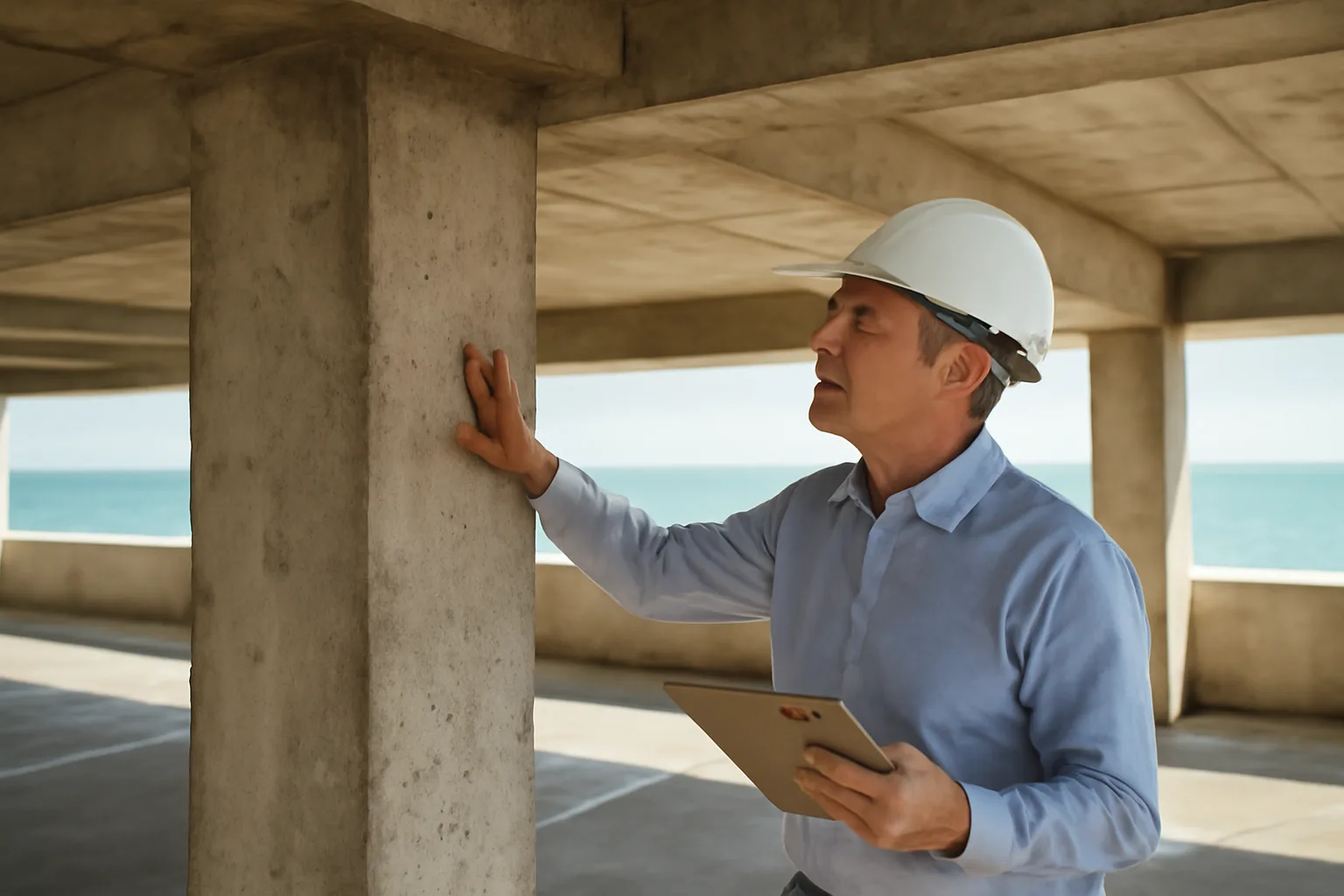 Engineer inspecting concrete structural column during a Florida condominium inspection
