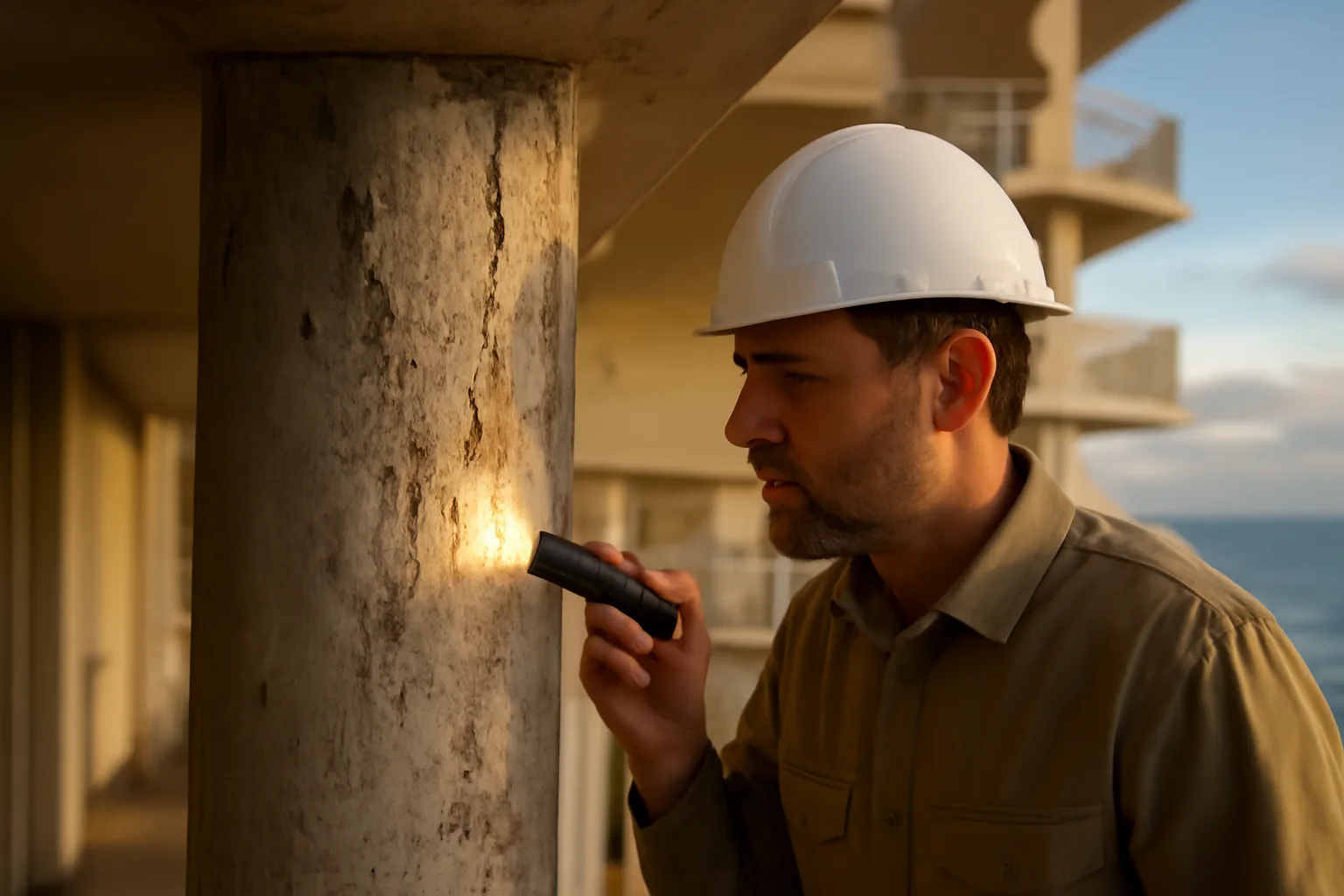 Engineer inspecting a concrete support column on a Florida coastal condo building