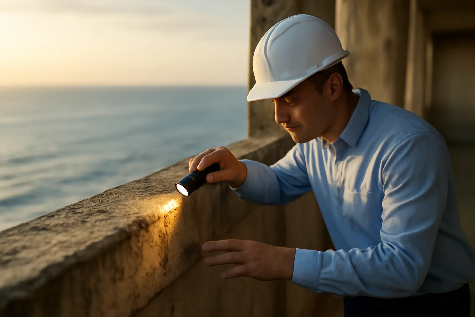 Engineer inspecting a concrete support column on a Florida coastal condo building