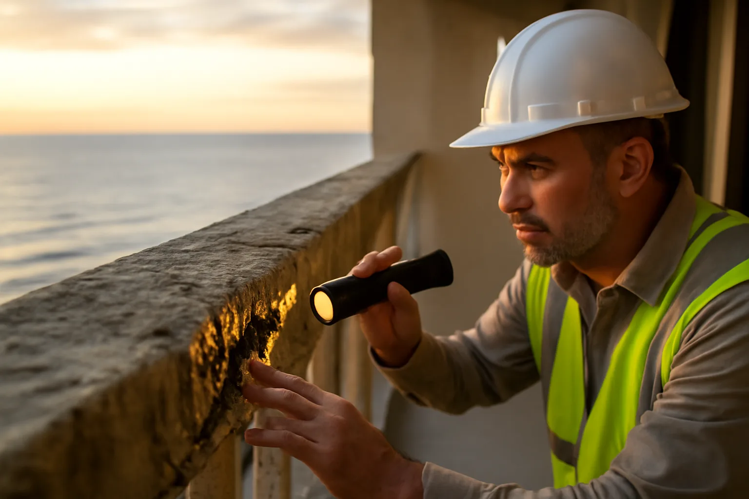 Engineer inspecting concrete and rebar on a Florida coastal condo balcony