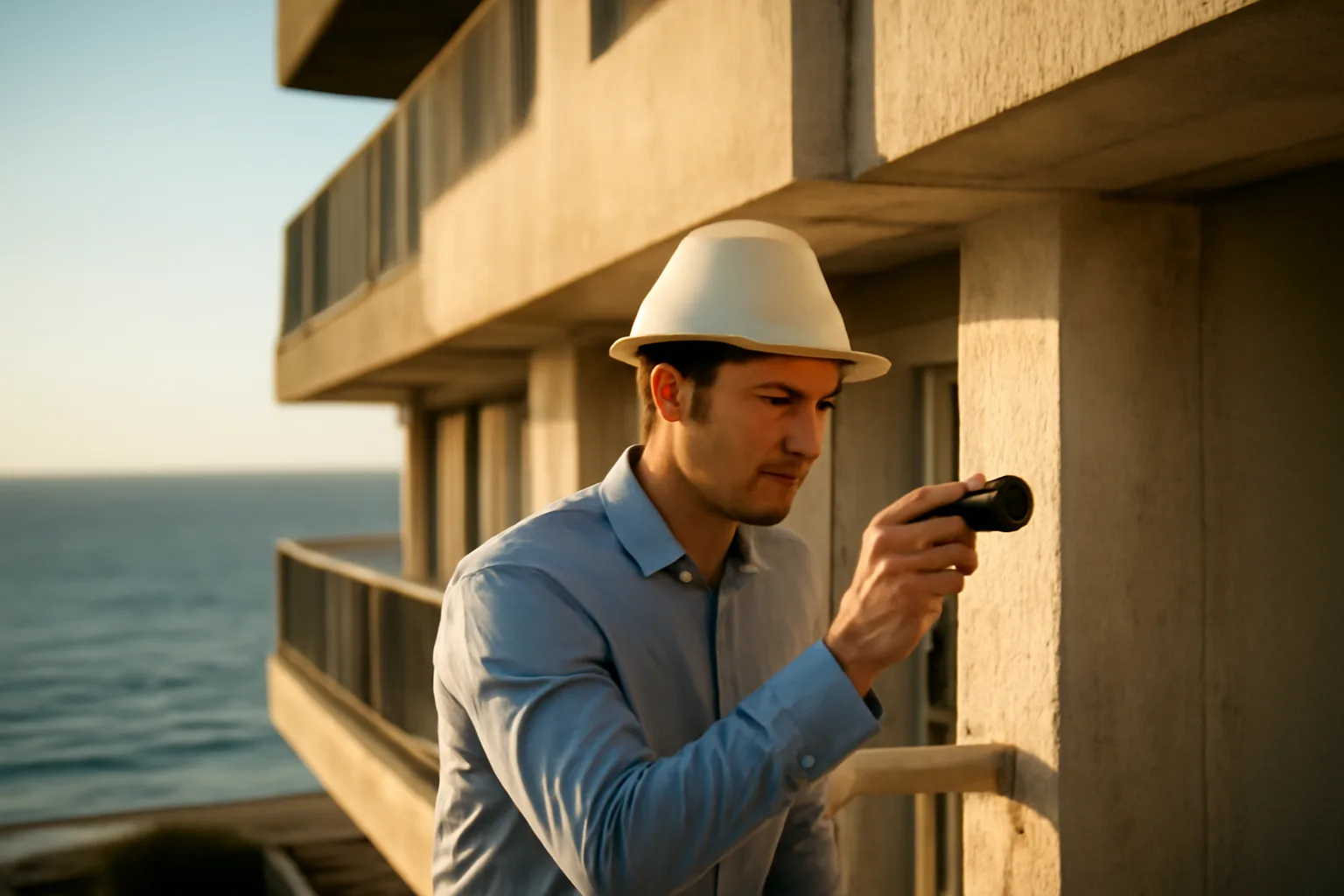 Engineer inspecting balcony structure during a Florida condo milestone inspection near the coast