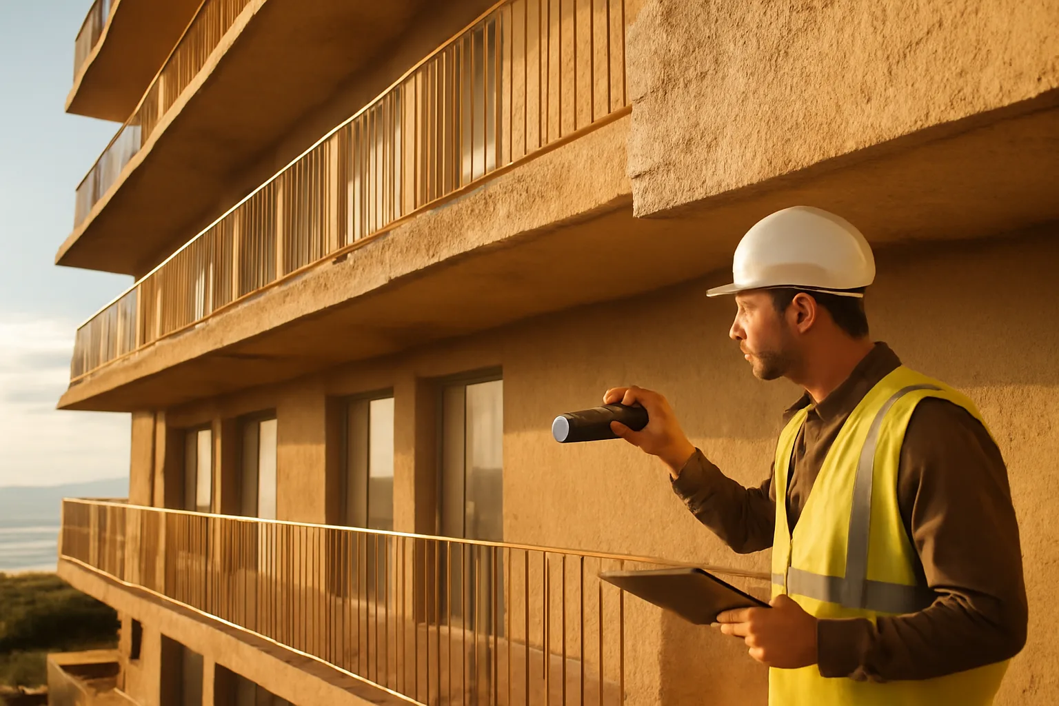 Engineer inspecting concrete balcony structure on a Florida coastal condo building