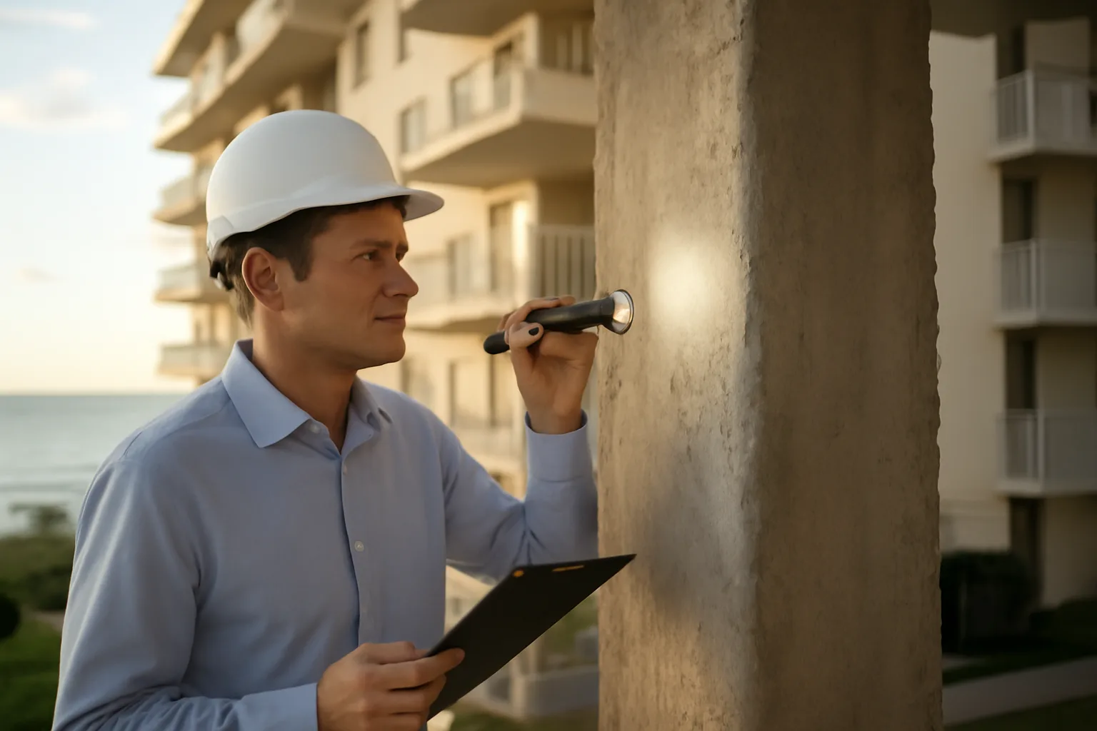 Engineer inspecting concrete support column during a Florida condo milestone inspection near the coast
