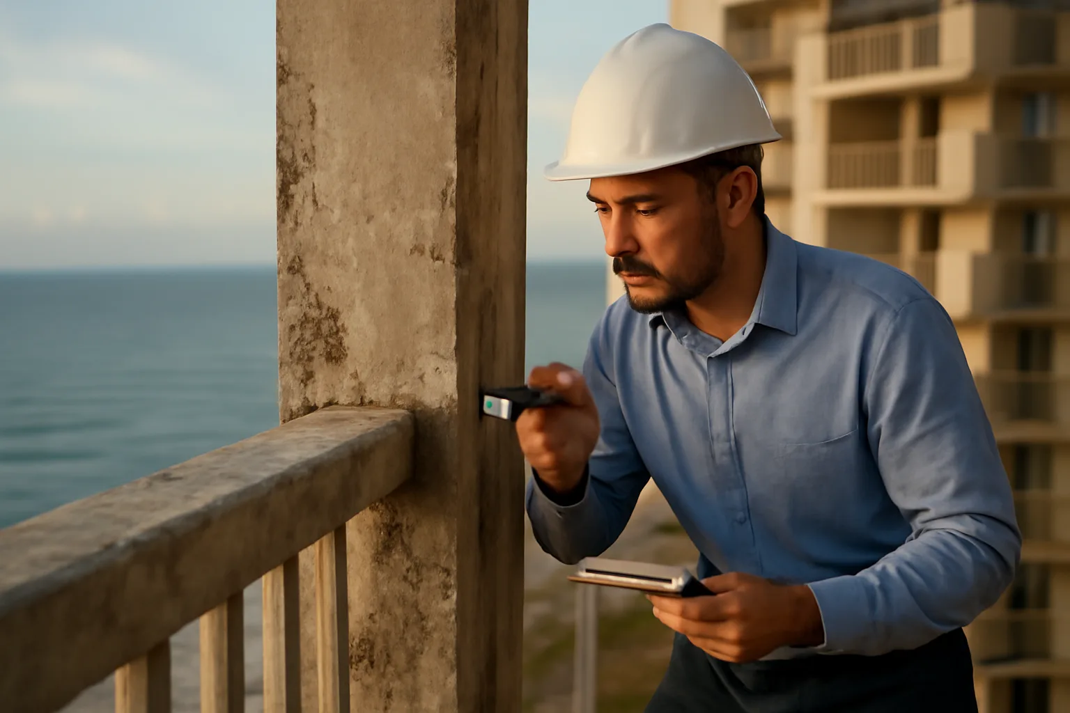 Engineer inspecting concrete support column on a Florida coastal condo building