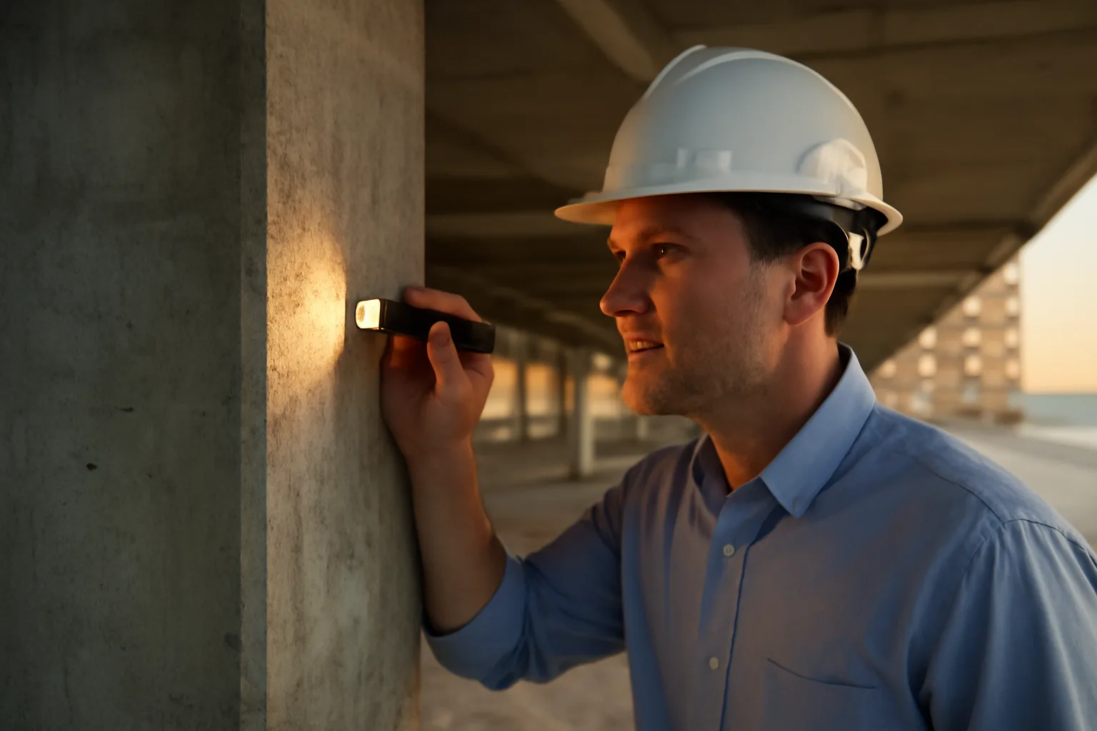 Engineer inspecting a concrete column during a Florida condo milestone inspection