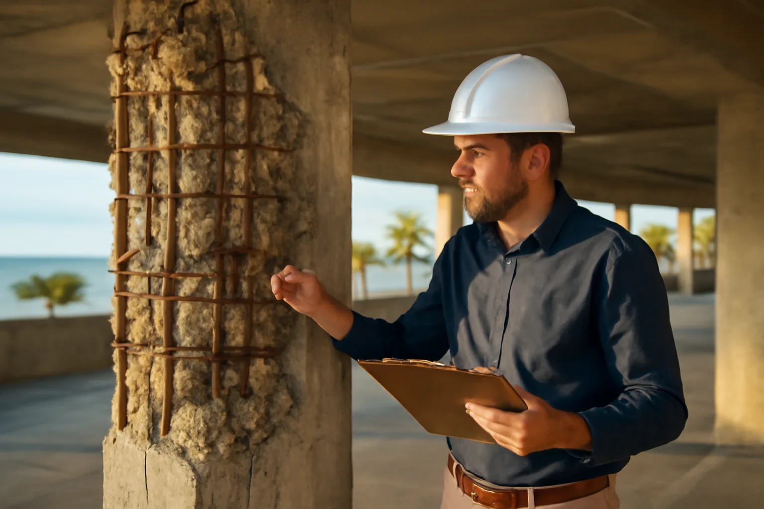 Engineer inspecting concrete support column during a Florida condo milestone structural inspection