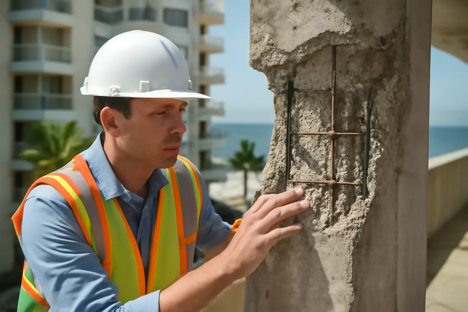 Engineer inspecting concrete column and rebar during a Florida milestone inspection