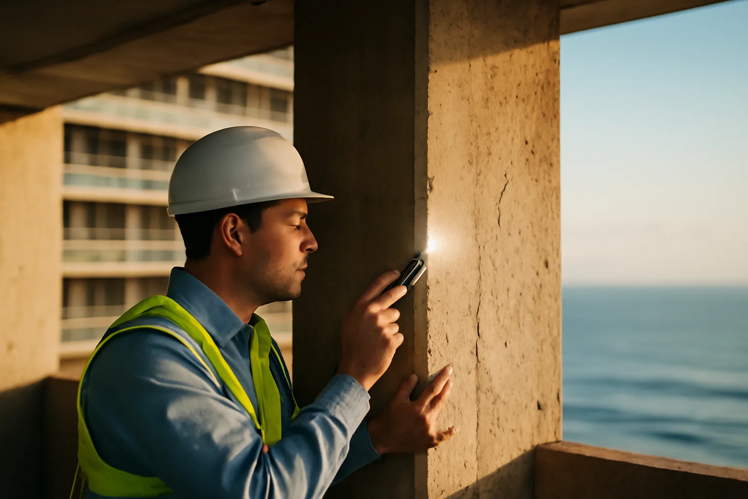 Engineer inspecting a concrete support column during a Florida milestone structural inspection near the coast