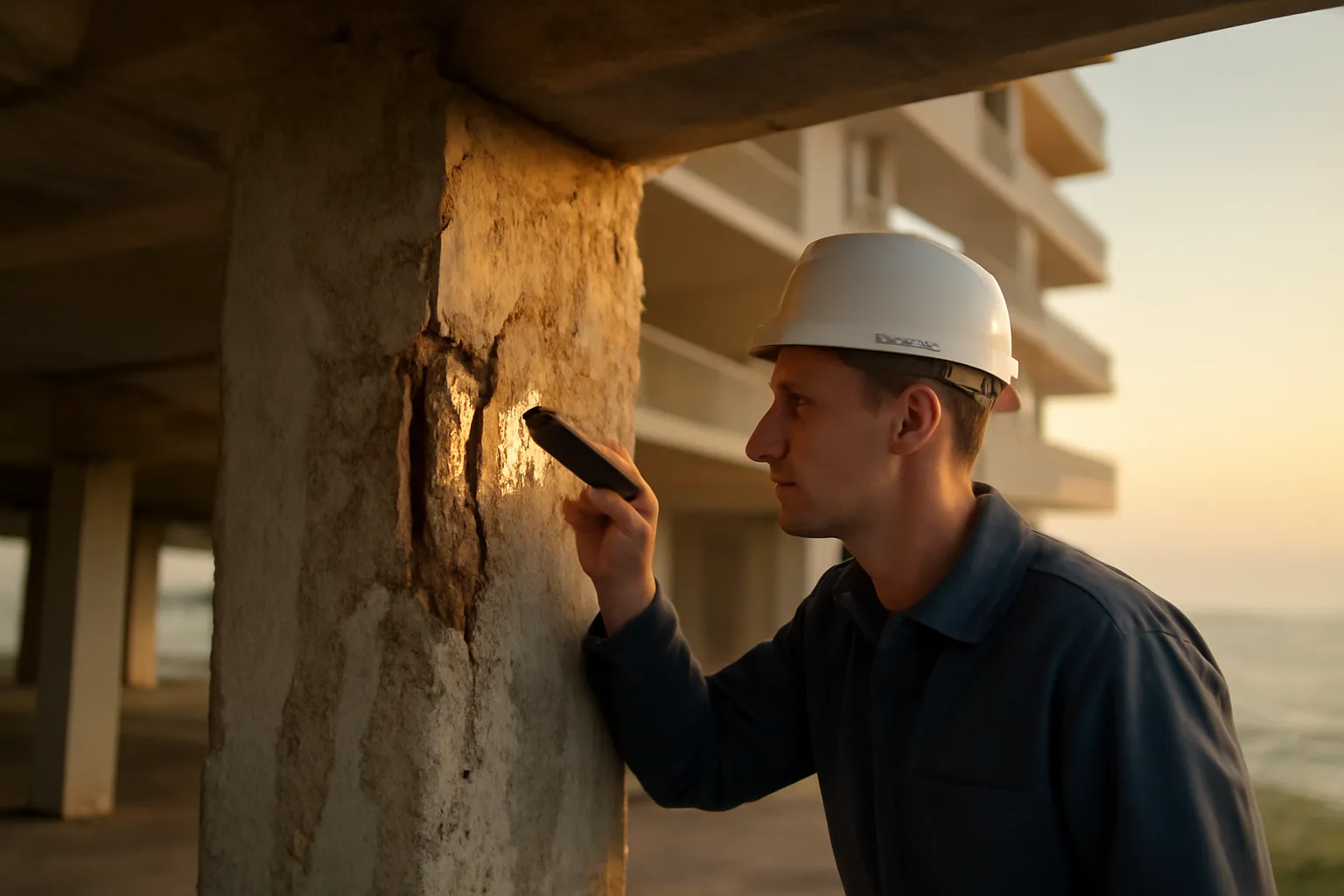 Engineer inspecting concrete column at a Florida coastal condo building for milestone inspection