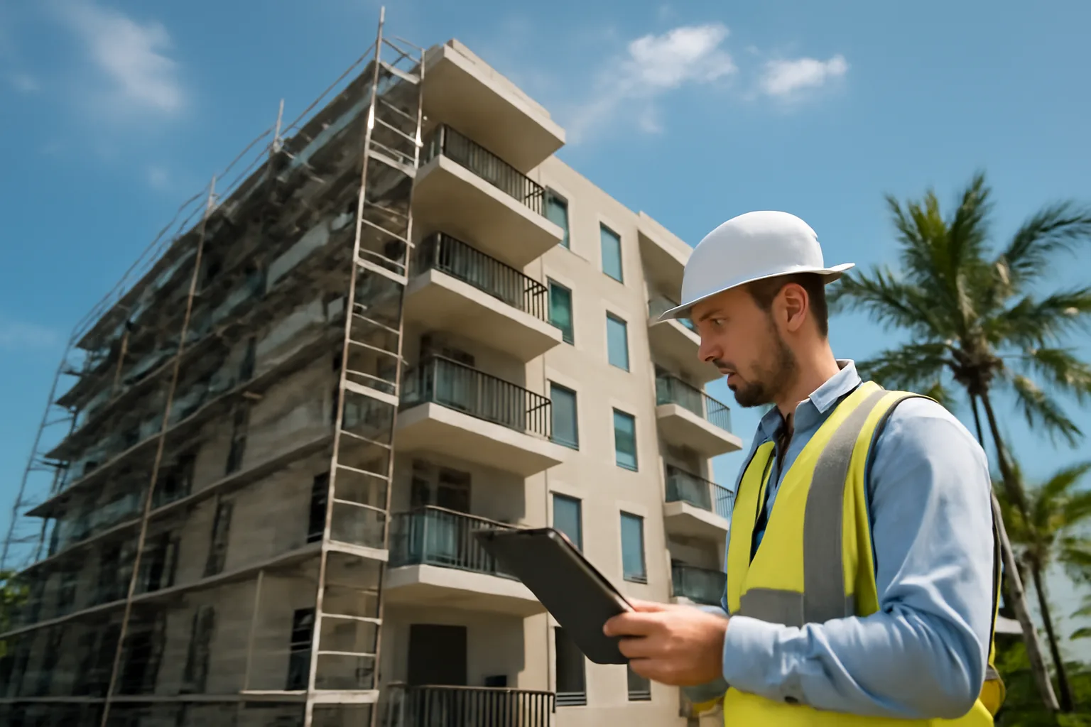 Engineer inspecting Florida condominium balcony during milestone structural assessment