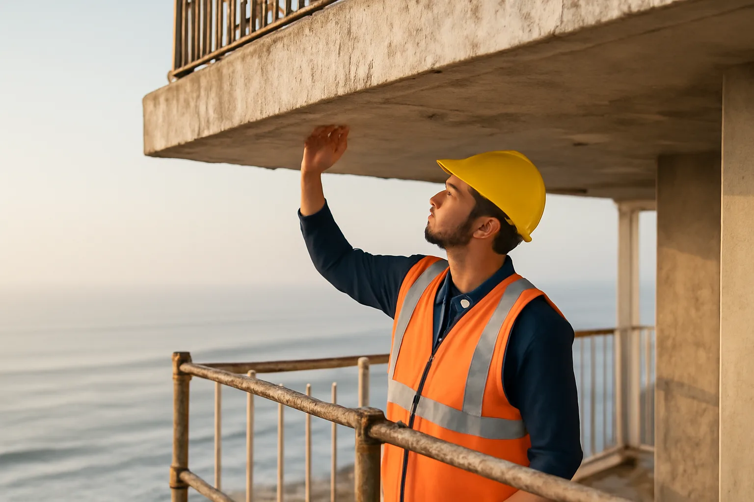 Engineer inspecting concrete balcony structure on a Florida coastal condo building
