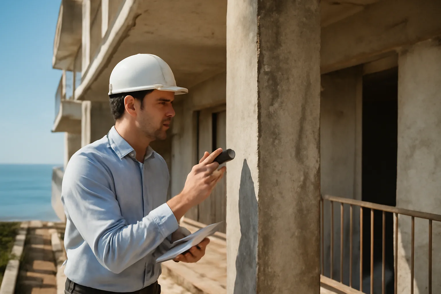 Engineer inspecting concrete support column during a Florida condo milestone inspection