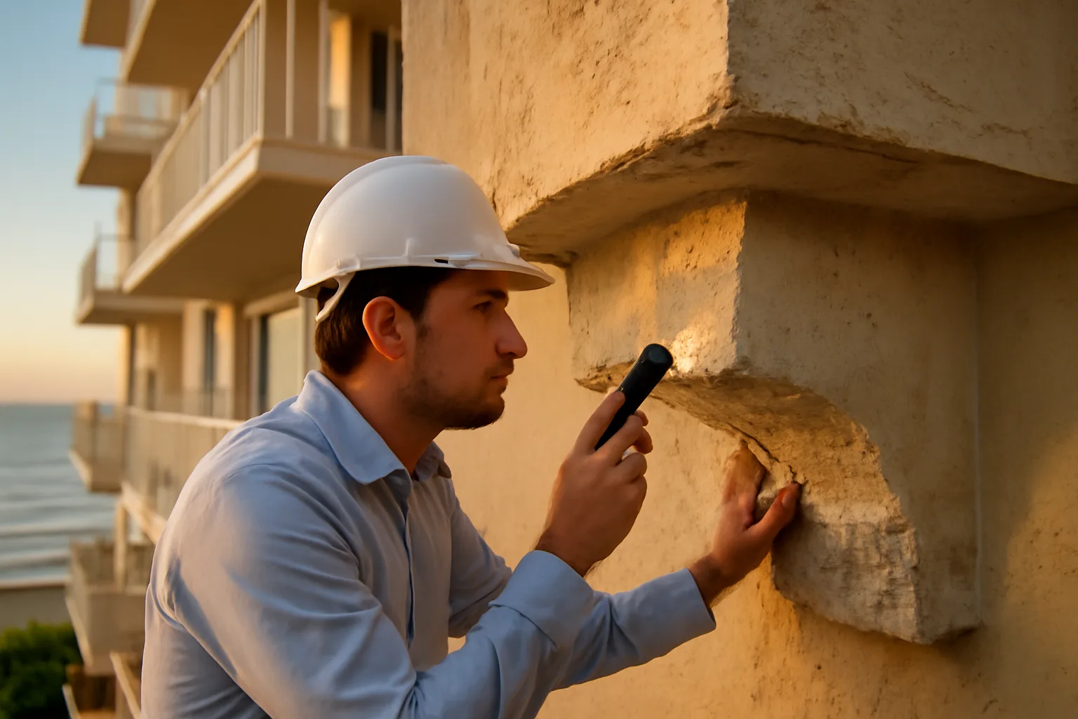 Engineer inspecting concrete balcony support during a Florida milestone inspection
