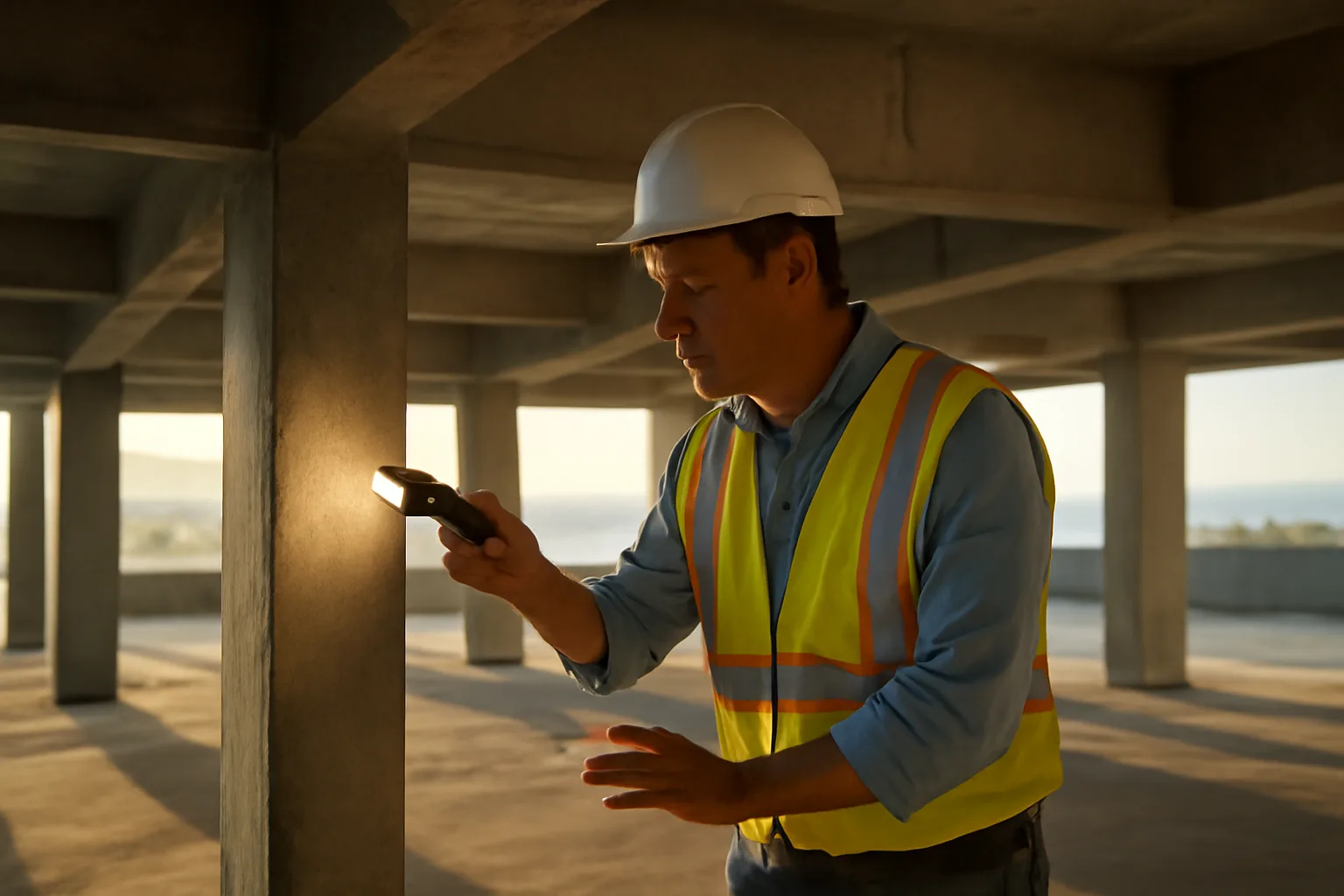 Engineer inspecting a concrete column during a Florida milestone inspection