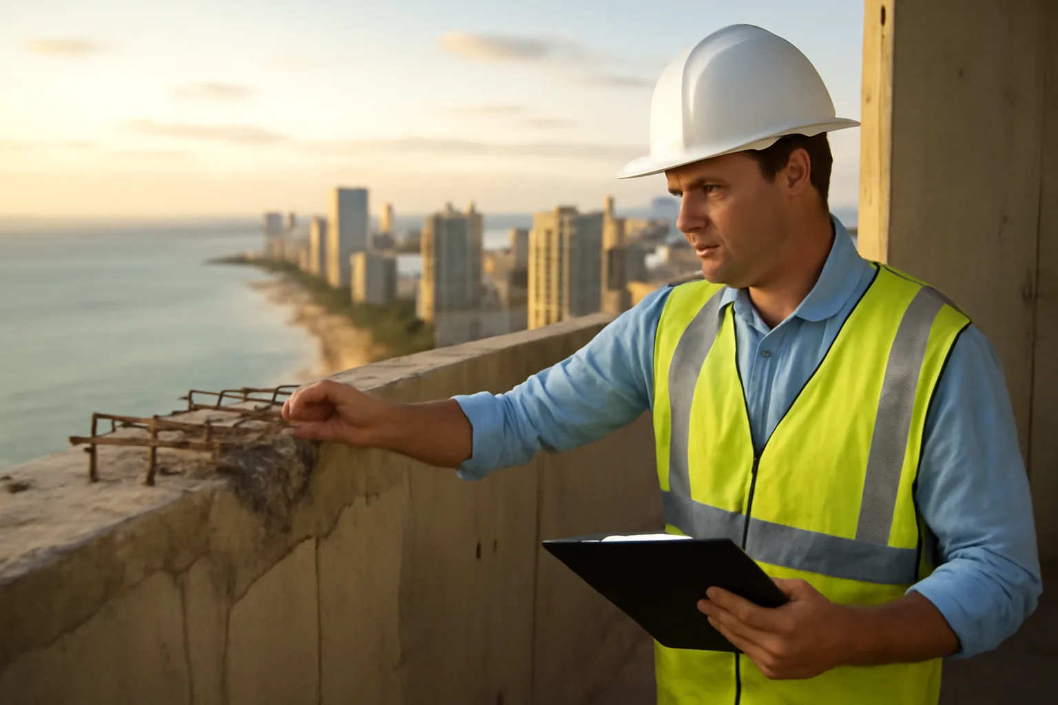 Engineer inspecting concrete and rebar during a Florida condo milestone report inspection