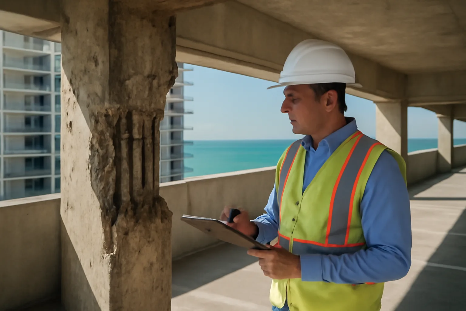 Engineer inspecting concrete structural column during a Florida milestone inspection report site visit