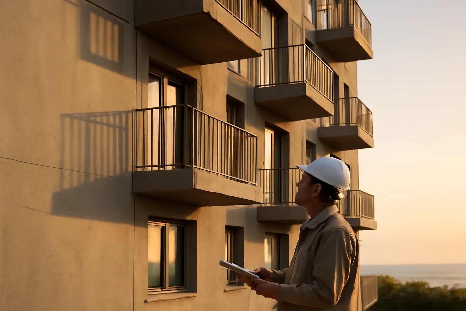 Inspector examining concrete condo building exterior for milestone structural review