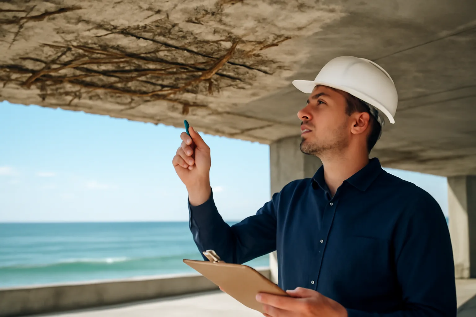 Engineer inspecting concrete structure during a Florida milestone inspection near the coast