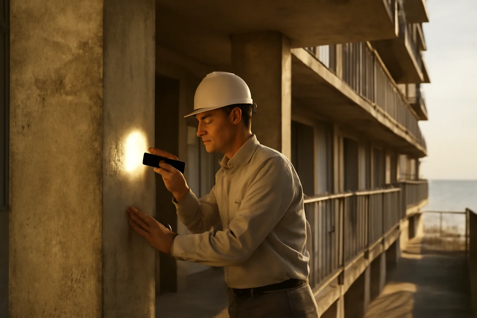Engineer inspecting a concrete column during a Florida condo milestone inspection