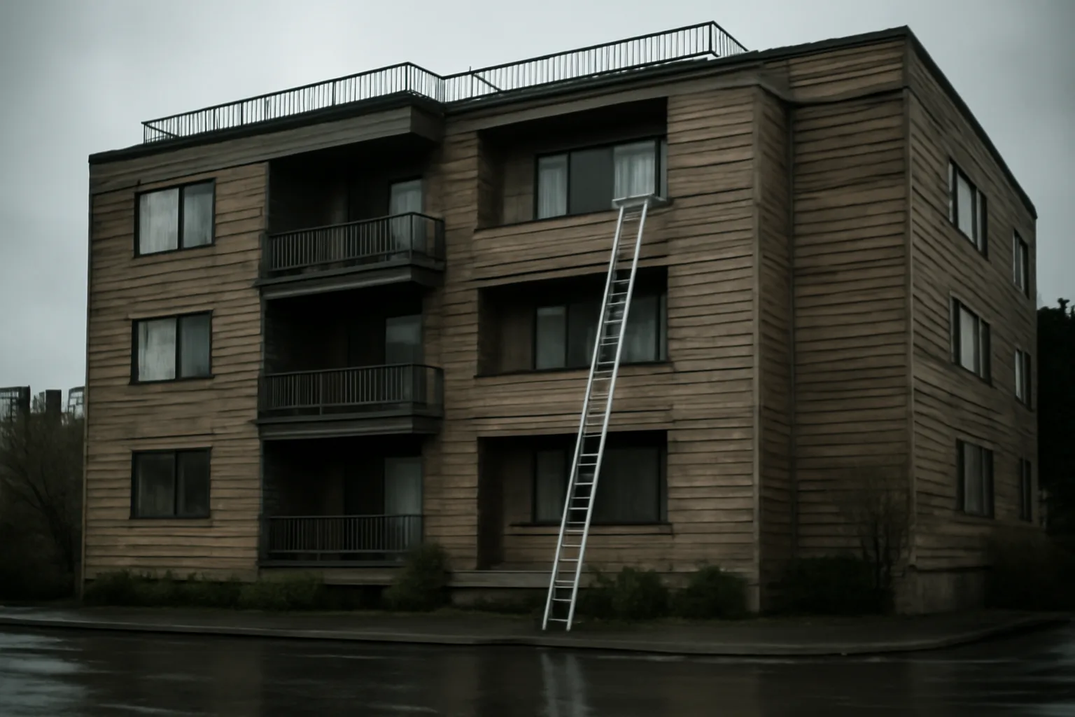 Mid-rise Washington condo building exterior under overcast sky with maintenance ladder against siding