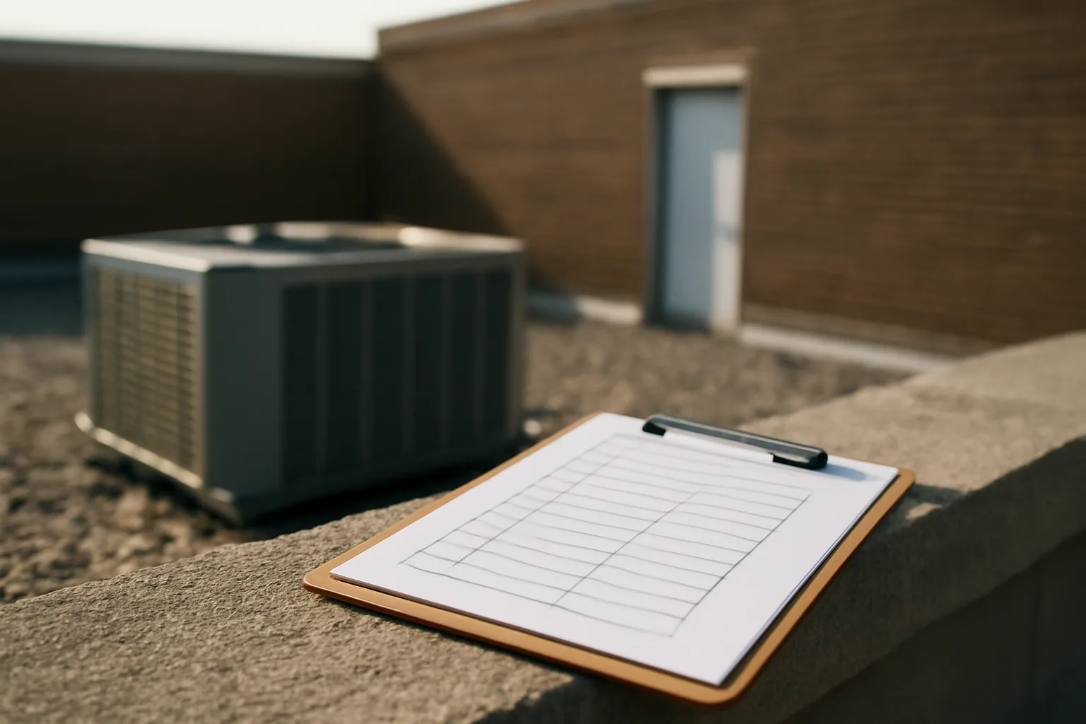 Inspector's clipboard on a rooftop wall during a Washington condo reserve study site visit
